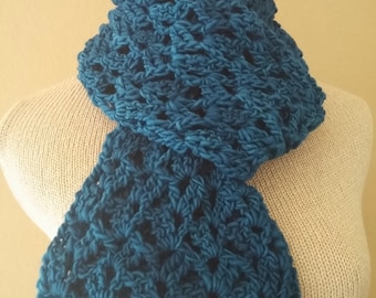 Crochet blue scarf, knit blue scarf, organic kettle-dyed merino wool, soft and squishy crocheted scarf, knitted blue scarf, open pattern