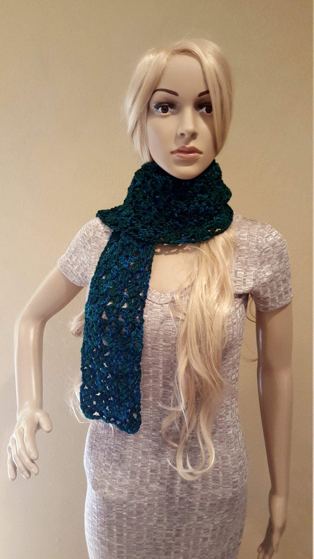Crochet Blue Green Scarf Pure Organic Handdyed Wool Knit Etsy