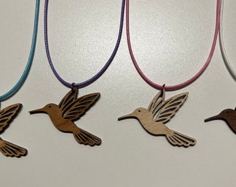 Laser engraved hardwood hummingbird necklace pendant jewelry