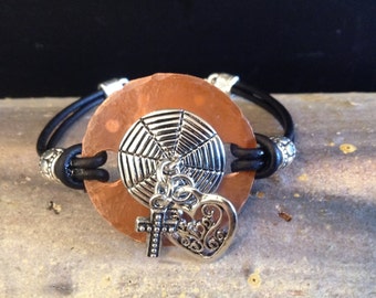 BLOW OUT PRICE!  Heart and Cross Charm Focal on Black Leather Bracelet!  Item L181