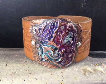 Blow Out Price! Whimsical Fairy Leather Bracelet,  Brown Leather Cuff Bracelet, Size Large Leather Bracelet