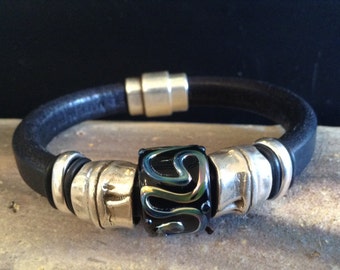 BLOW OUT ITEM - Leather Black Cuff with Lamp Work Focal!