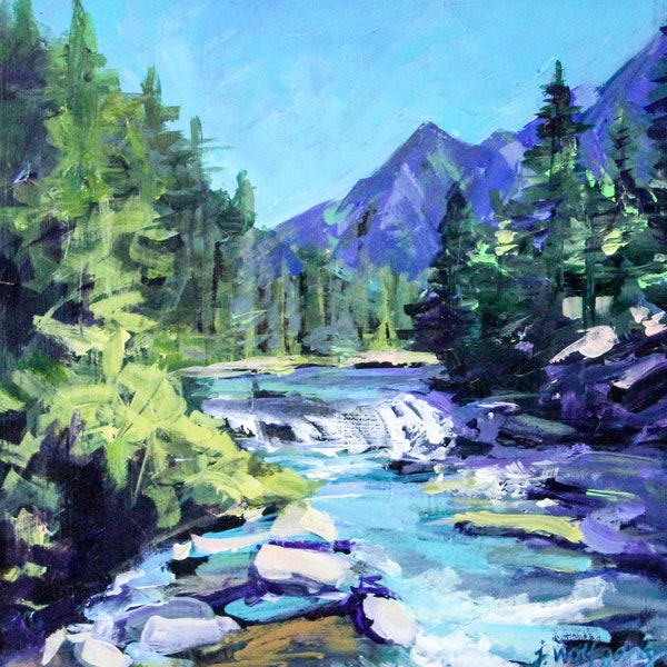 Montana Original Acrylic Painting Square River Runs Through It Blue Green Water Rocks Wall Decor Landscape Blue Rushing Water Cabin Decor