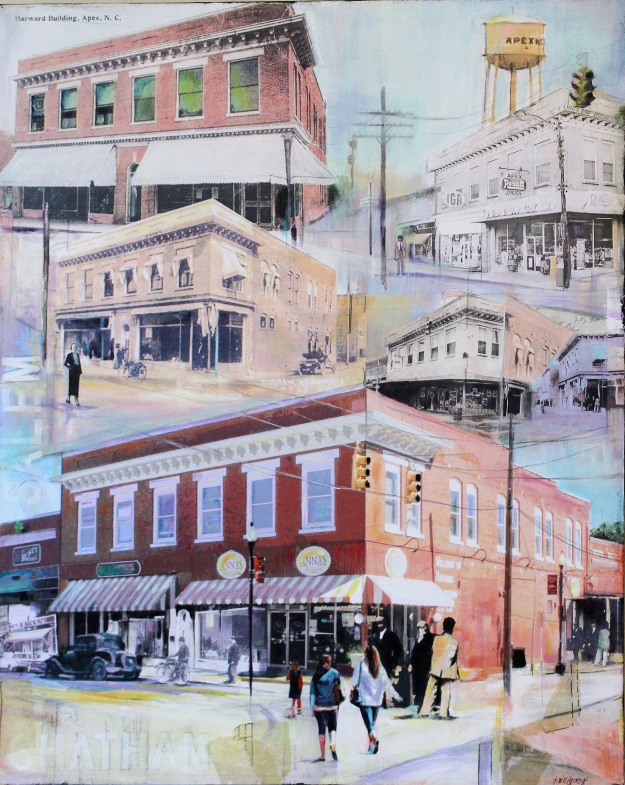 The Towers Mixed Media Original Art Collage Apex North Carolina Water towers Historic Vintage Photography Depot Train Station Newspaper