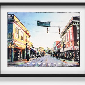 Downtown Apex  Salem Street Mixed Media Architecture looking north colorful Peak Of Good Living wall decor North Carolina  giclee print