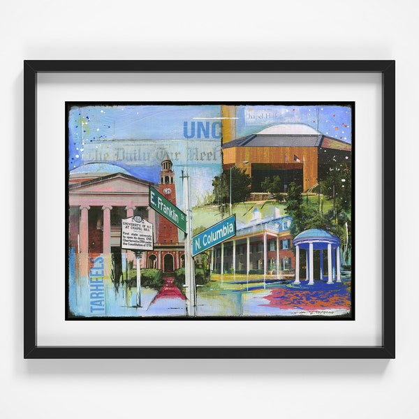 Loving Chapel Hill -  Giclee Paper Print. University of North Carolina. UNC Collage of  famous landmarks and buildings.
