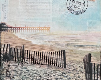 Spiaggia costiera Tecnica mista Myrtle Beach SC Opere d'arte originali Decorazioni per la casa Collage Molo Fotografia Arte