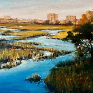 沿岸南部湿地帯の油絵 壁飾り 夕焼け チェリーグローブ ノースマートルビーチ サウスカロライナ