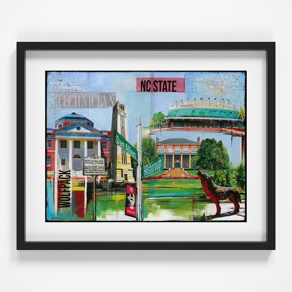 Loving NC State - Wolfpack North Carolina College Famous Landmarks Gicleé Paper Print wolf PNC arena Hillsborough Street Collage