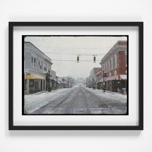 Collage fotografico di Apex Downtown Street Salem innevato Inverno - Decorazione murale della strada principale della Carolina del Nord Scena di una piccola città Stampa su carta Giclée
