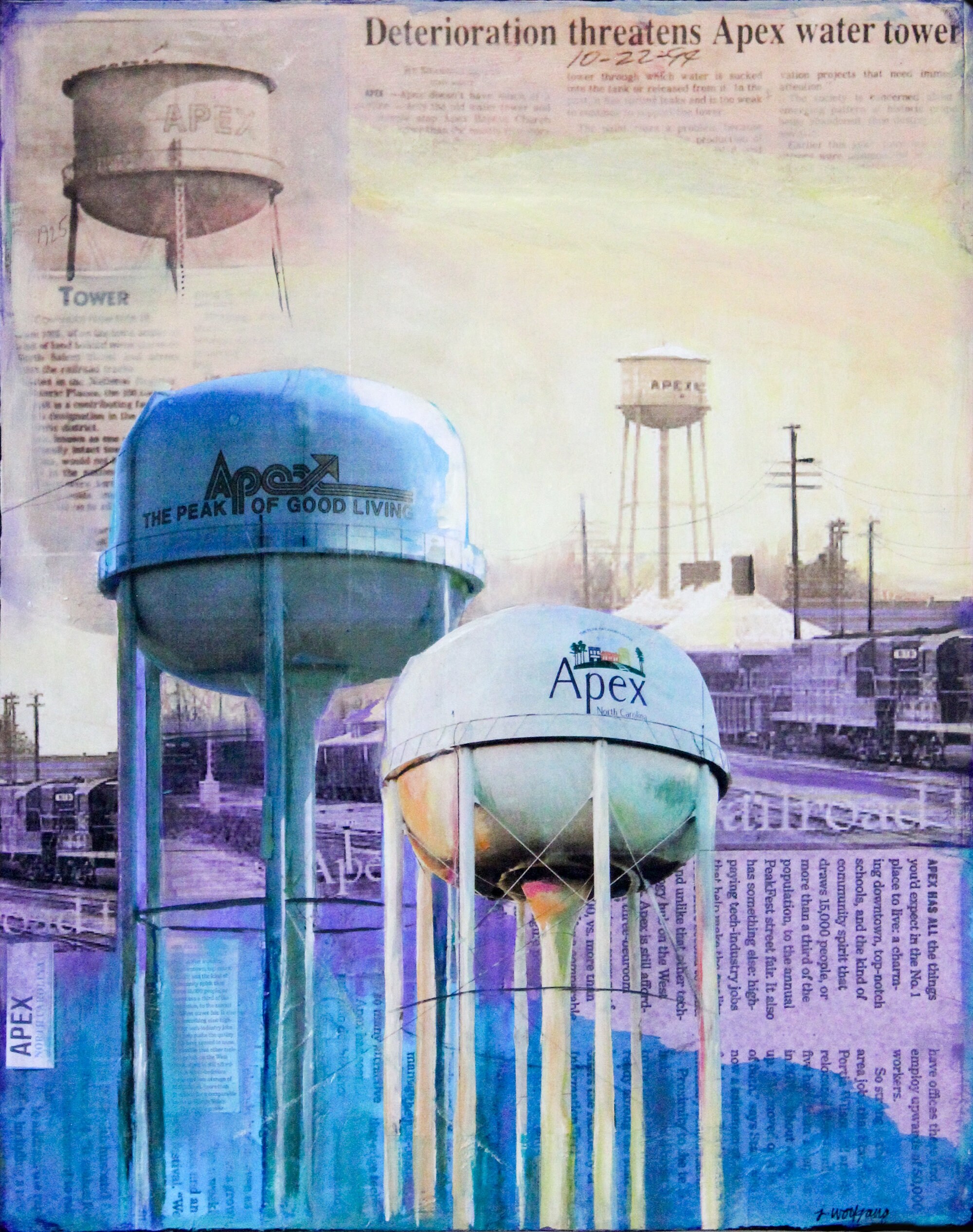 The Towers Mixed Media Original Art Collage Apex North Carolina Water towers Historic Vintage Photography Depot Train Station Newspaper