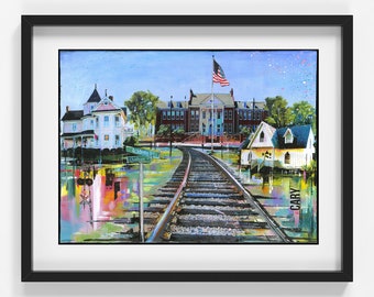 Welcome To Cary, NC Giclée Paper Print Downtown Cary Collage of famous landmarks railroad North Carolina Academy street