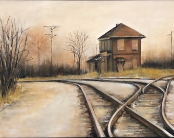 Original Oil Painting Train Tracks Railroad Neutral Horizontal Wall Decor Home Decor Architecture Scene Gray Ochre Panoramic