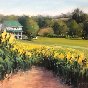 Pintura a óleo original Campos de Girassol Hellam York Pensilvânia Fazenda paisagem decoração de parede Paisagem horizontal Amarelo Verde verão