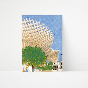 May include: An illustrated print depicting a modern architectural structure with a distinctive wooden lattice design. The artwork includes a blue sky background, a green tree with orange fruit, and a small building.