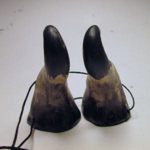 May include: Two black and brown animal horns with a black string attached to them.