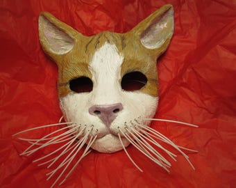 Handmade Resin Cat Mask: Tan and White Pet Sculpture