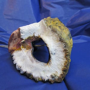 May include: A handmade, avian-themed mask with a central eye opening. The mask features a combination of white, brown, and yellow paint, with a textured surface. The mask is designed to be worn and is likely for costume or decorative purposes.