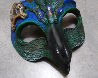 fantasipåfågel, maskeradmask, kostymmask, fantasi, väktare, fågelmask, specialtillverkad, färgval
