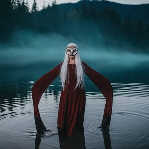 May include: A person stands in water, wearing a burgundy dress with long, flowing sleeves. They wear a decorative owl mask and have long, white hair. The background features a misty lake and dark forest.