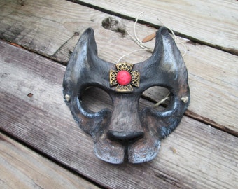 fantasy big bad Wolf mask, animal, big dog, red riding hood, animal mask, hand painted, masquerade mask, spirit mask, red emblem