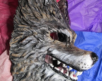 Handmade Grey Wolf Mask: Resin Masquerade Costume, Wall Art