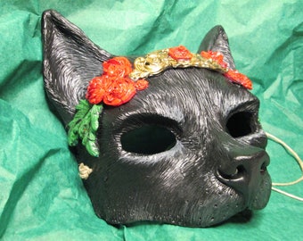 Hand Painted Black Cat Mask, Masquerade, Anthro, Rose Crown