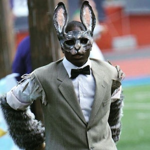 May include: A person in a gray suit and a rabbit mask with long ears. The suit has torn sleeves and faux fur cuffs. A black bow tie is worn with a white collared shirt. The background is blurred, suggesting an outdoor event.