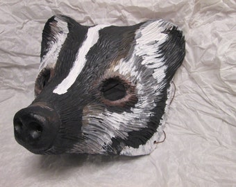 badger, costume mask, Badger mask, wild Animal costume Mask, hand painted, masquerade mask, Wearable art, Wildlife mask, black and white