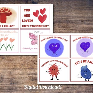 Puede incluir: Tarjetas de San Valentín imprimibles con varios diseños, que incluyen un hongo, una mariposa, un corazón y una criatura peluda. Las tarjetas incluyen mensajes como "You're a Fun-Guy!" y "Have the Best Valentine's Day!"