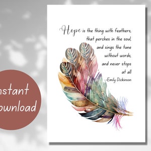 Hope Is The Thing With Feathers, Emily Dickinson Zitat, Poesiekunst, Federkunst, Hope Gedicht, Vintage-Stil, ermutigende Notiz, Grußkarte