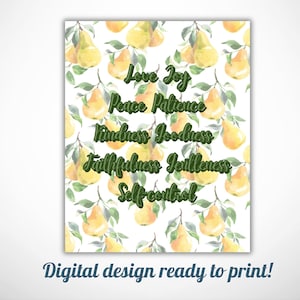 Frucht des Geistes Kunst, Schriftdruck, Vintage Frucht, Liebe Freude Frieden, digitale Kunst, druckbare Karte, Bibel Vers, christliches Wohndekor