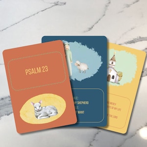 Puede incluir: Tres tarjetas ilustradas con fondo amarillo, azul y naranja. Las tarjetas representan un pastor, una iglesia y un cordero. El texto en las tarjetas dice "PSALM 23".