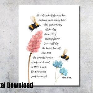 Impression poème abeille occupée - poésie d'Isaac Watts - comment la petite abeille occupée - poème classique imprimable - oeuvre d'art pour la maison -
