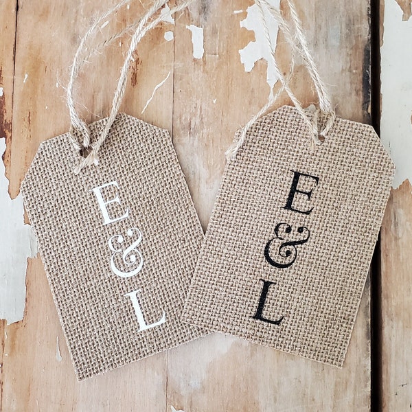 Burlap tags for wedding table tags for mason jar tags initial tags monogram tags personalized burlap labels rustic wedding tags jar labels