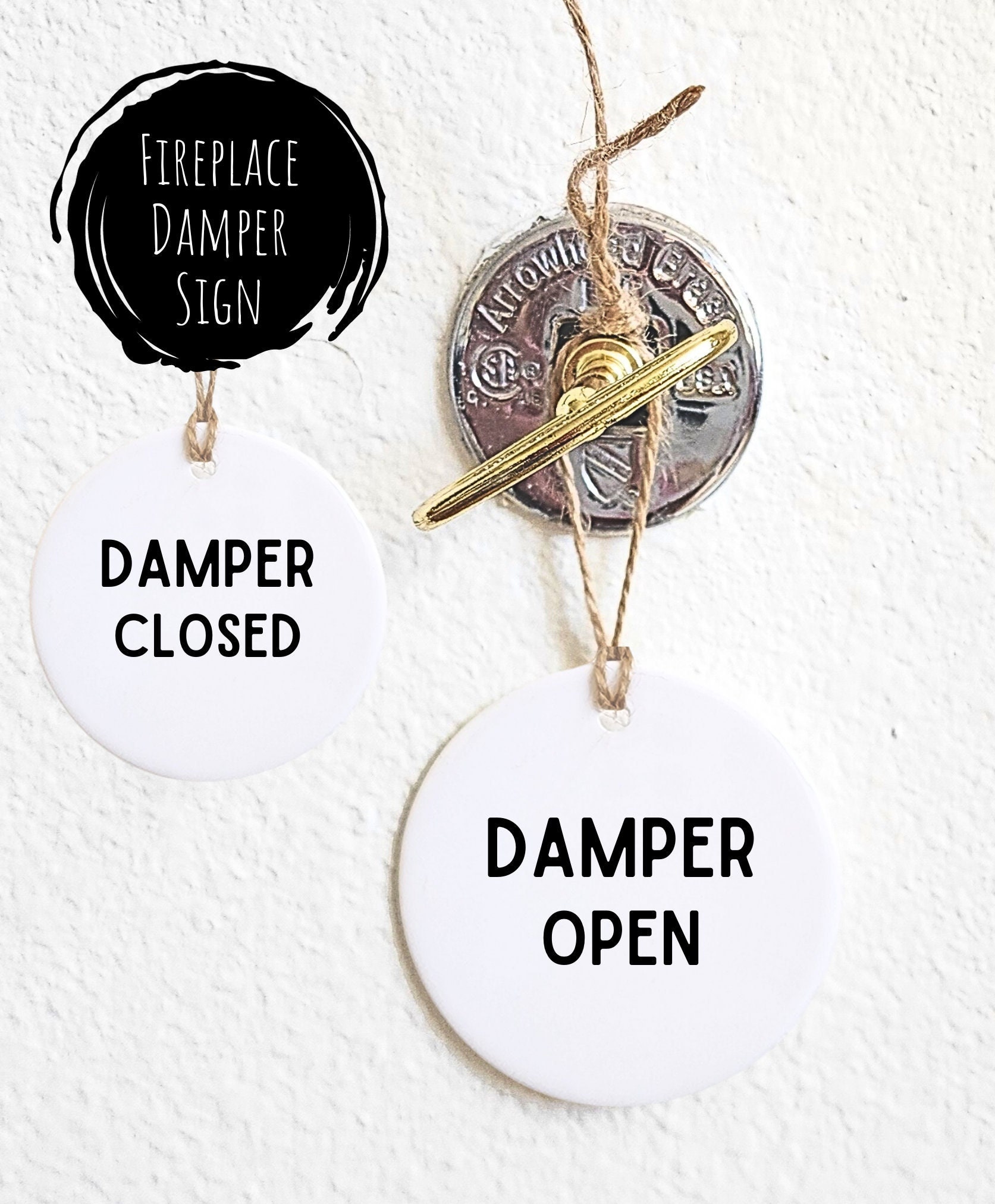 Vintage Style Brass DAMPER OPEN CLOSED Hook Sign | Hearth | Fire