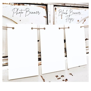 May include: A photo banner with three blank white rectangular flags suspended by twine. The banner is set against a distressed white background. The text "Photo Banner" and "Blank Banner Flags" are visible.