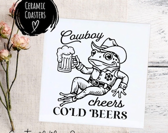 Funny Frog Ceramic Coaster: Cowboy Cheers Beer