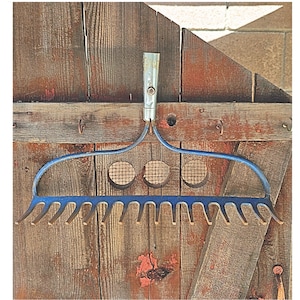 May include: A blue metal garden rake head featuring a long horizontal bar with fifteen downward-curving tines. The central frame includes three circular cutouts with wire mesh inserts and a cylindrical metal socket at the top for a handle.