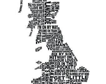 Britain's Northern Soul, an A2 print of the outline of Britain created using 80 top Northern Soul record titles