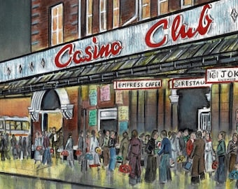 May include: A watercolor painting of a casino club with a crowd of people standing outside. The building has a red and white sign that says "Casino Club". There are several signs above the entrance, including "Empress Cafe", "Restaurant", and "101 Jokers Licensed Restaurant".