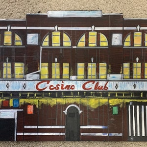 Casino Club - een origineel olieverfschilderij op MDF-plaat van Northern Soul-kunstenaar Neil Thompson. Afmeting 62 cm breed bij 34 cm hoog.