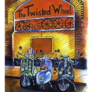 Puede incluir: Una pintura al agua de tres scooters vintage aparcados frente a un edificio con un cartel que dice "The Twisted Wheel".