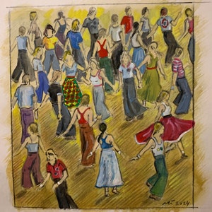 Dancing to the Beat, Part II, An original signed water colour painting of a scene on a Northern Soul dance floor.