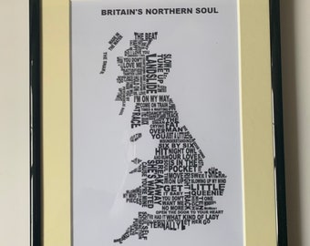 Northern Soul; "Britain's Northern Soul (2)" a mounted and framed print showing a map of Britain composed of Northern Soul record titles