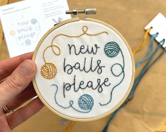 Embroidery Hoop Kit 'New Balls Please' - Beginner Craft Kit for Adults