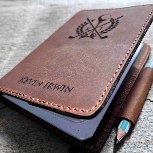 Premium Leather Refillable Golf Log Scorecard Custom Engraved Personalized as Requested by Laser Perfect Gift for the Golfer in your life.