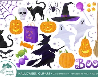 Halloween Watercolor Clipart, Commercial Use, Instant Download, Black Cat, Witch, Ghost, Skull, Pumpkin Clipart, Halloween Clip Art