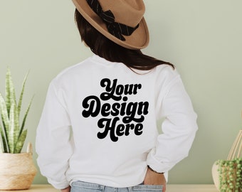 Back of Gildan 18000 Sweatshirt Mockup, White Gildan Sweatshirt,  Sweatshirt Model Mockup Back, POD mockup, Gildan White Sweatshirt mock