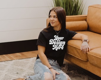 Gildan Tshirt Mockup, Black Gildan Shirt, Tee Mockup,  T-Shirt Model Mockup, POD mockup, gildan Black shirt mock, Flaylay Mockup,
